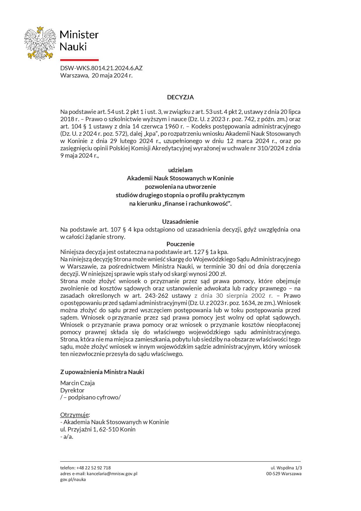 Decyzja MN pozwolenie dla ANS w Koninie finanse i rachunkowość II stopień profil praktyczny