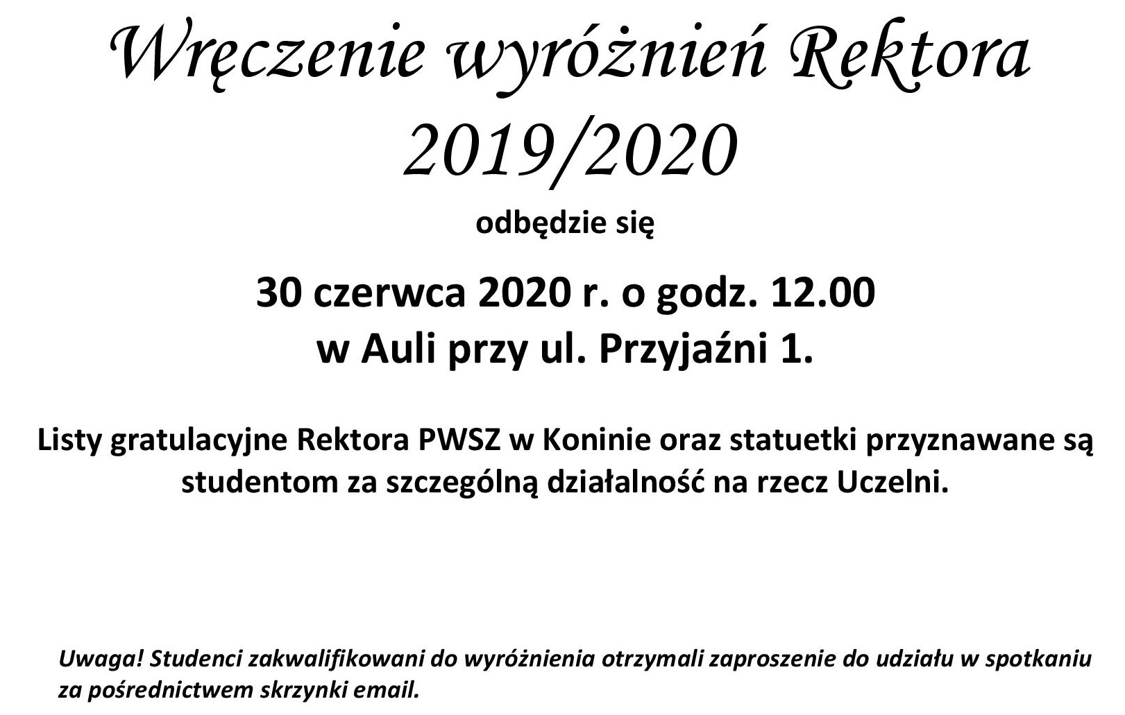 Wręczenie wyróżnień Rektora 2019/2020